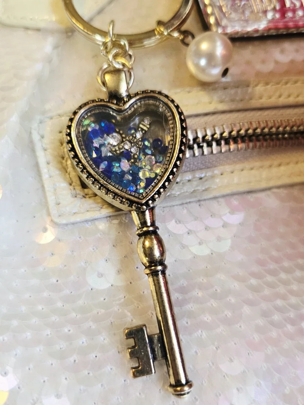 Gold Shaker Heart Key Charm Keychain with Blue Accent